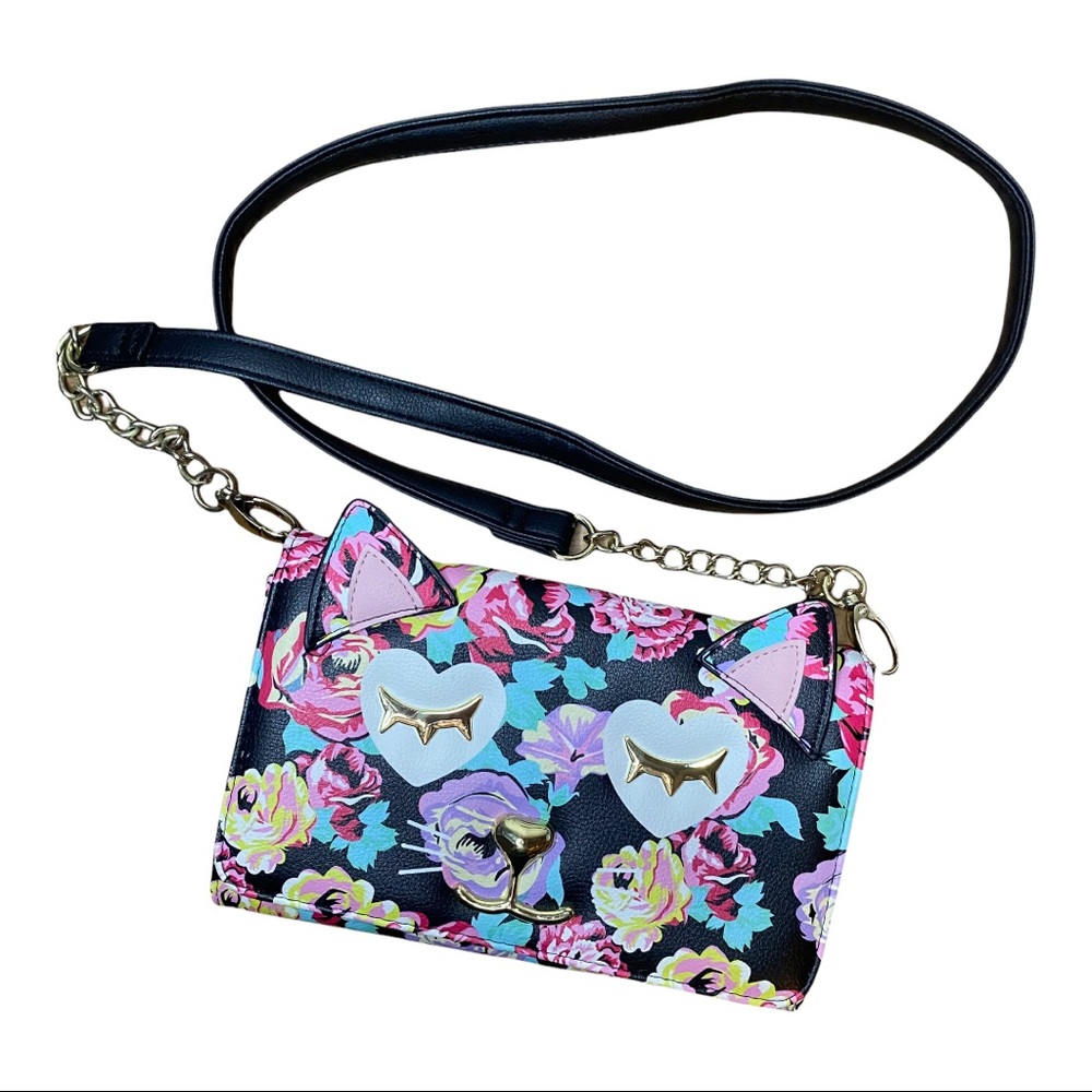 Betsy Johnson Kitsch Cat Floral Print Crossbody Chain Purse